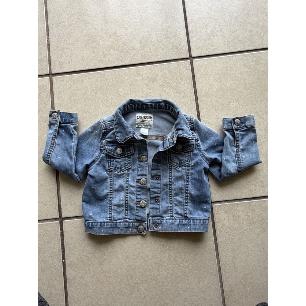 OshKosh B'gosh Denim Jacket Blue Polka Dot 3T Button Front Collared Pockets